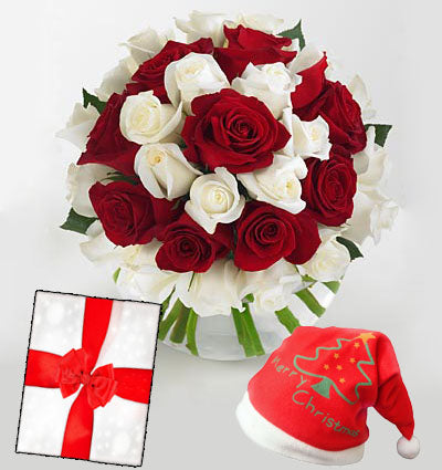  24 Stem Red & White Roses Bouquet. 
 Marry Christmas Greeting Card.
 Christmas Santa Hat. 