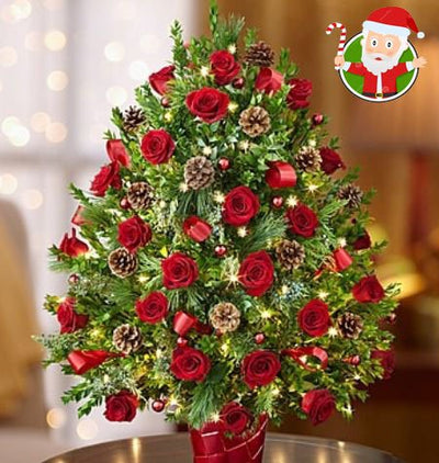  35 Red Roses basket arrangement decorated with Christmas festive holly and golden accent. 
 FREE message card. 